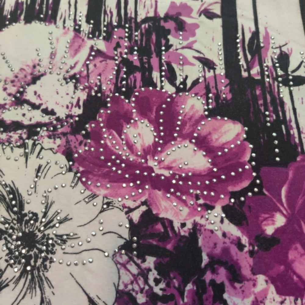Christopher & Banks XL Purple & Black Floral 3/4 Sleeve Tee with Rhinestones - Picture 4 of 8